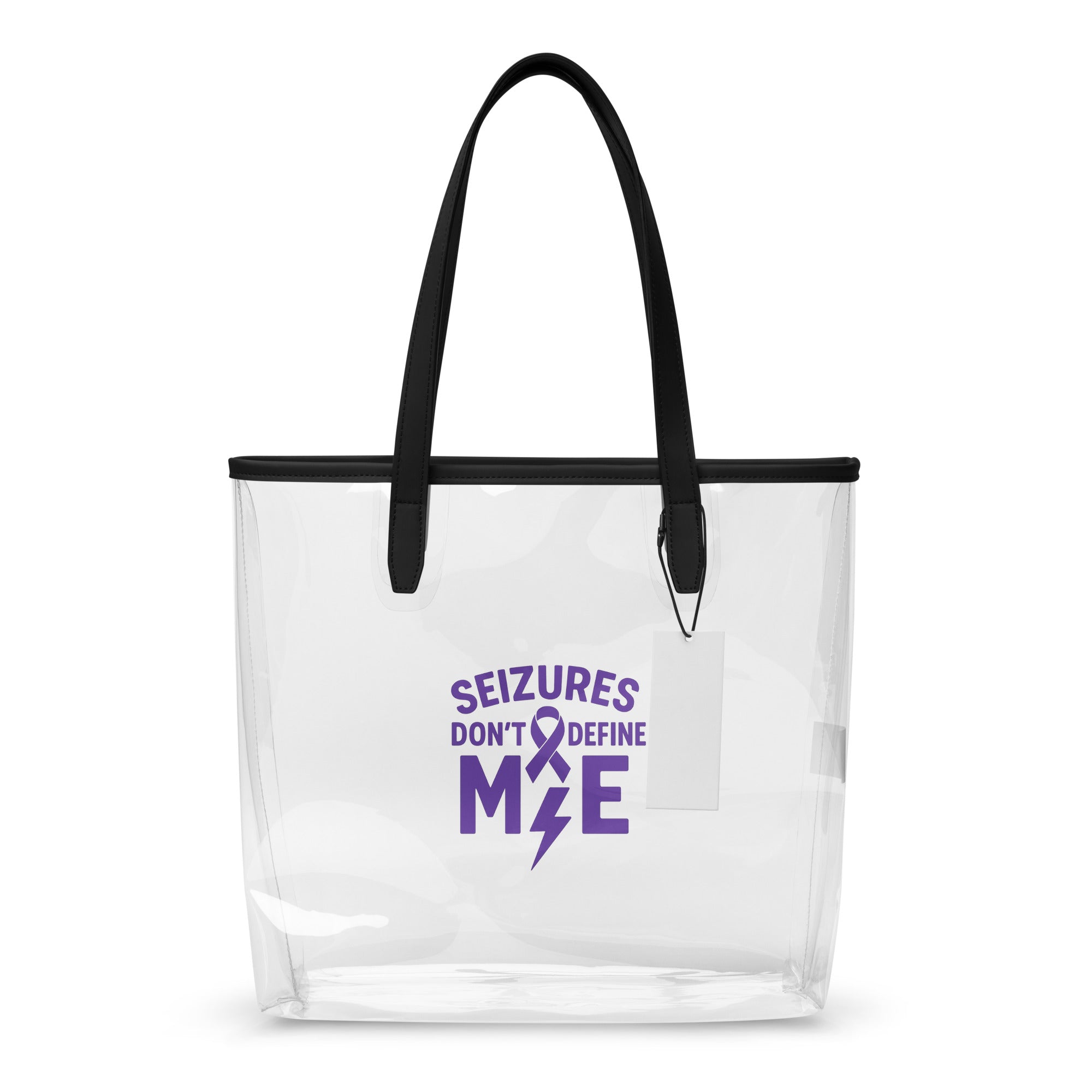 Clear tote bag with black handles featuring a purple ribbon and text on a white background