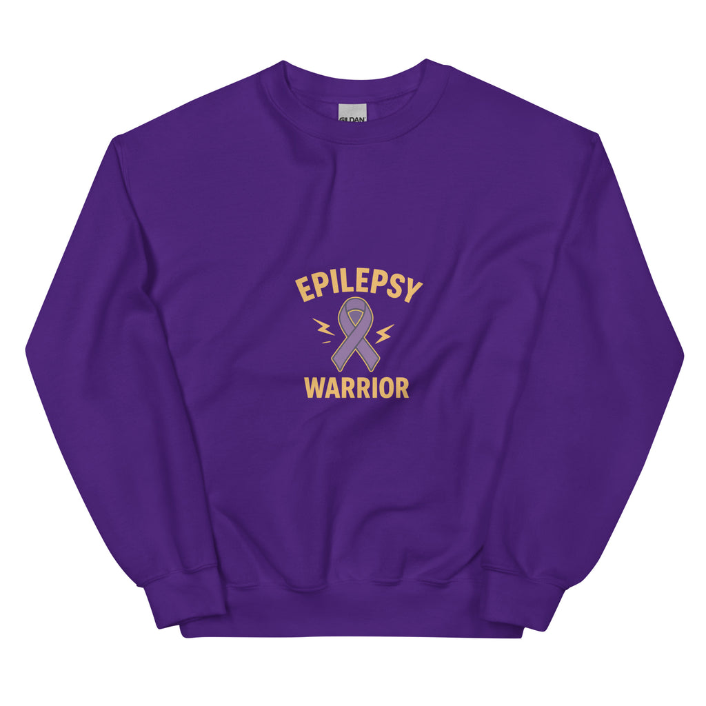 Purple sweatshirt with 'Epilepsy Warrior' text and graphic on a white background