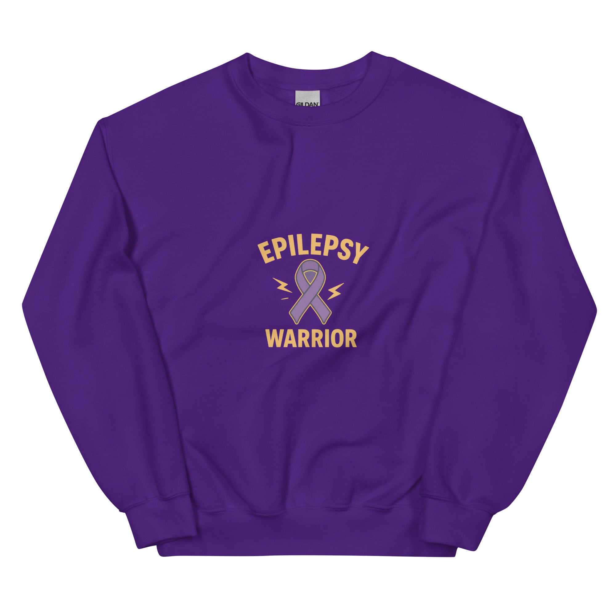 Purple sweatshirt with 'Epilepsy Warrior' text and graphic on a white background