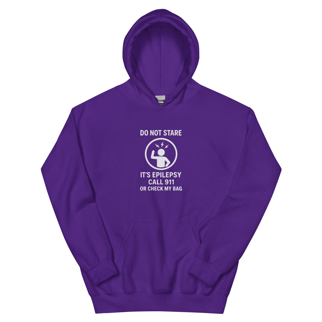 Purple hoodie with epilepsy awareness message on a white background