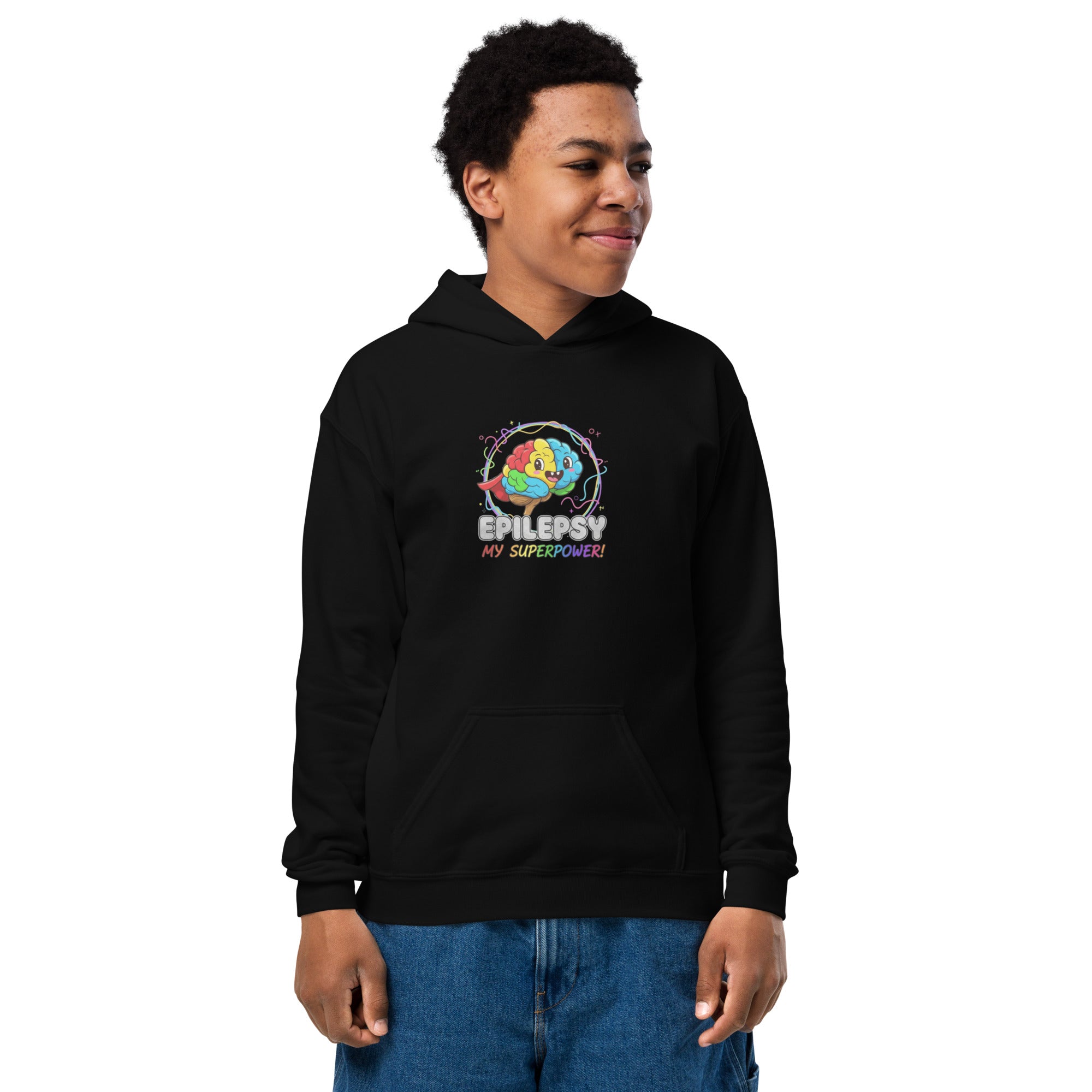 Child hoodie with 'Epilepsy is my superpower' design on a white background